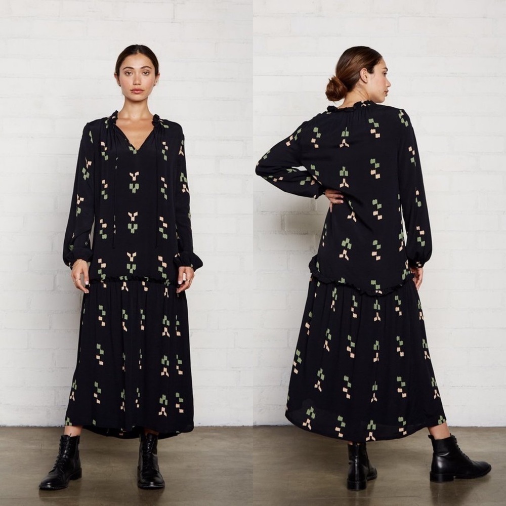 Rachel Pally Small Black Gail Printed V-Neck Long Sleeve Drop-Waist Maxi Dress